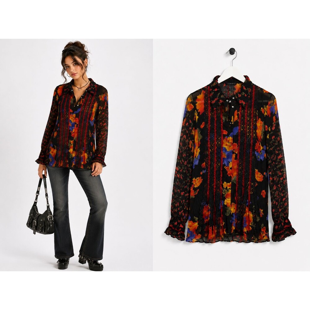 Chicos Design Blouse Top Size Small Multi Color Floral Lace Ribbon Oversized